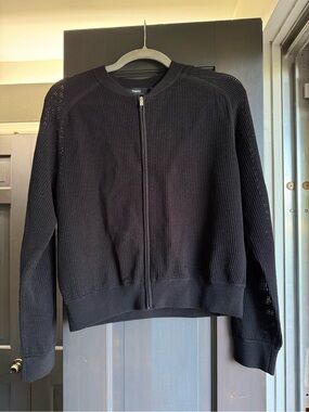Theory Women's Bomber Jacket Size Large Breathable Knit Black Summer Lightweight